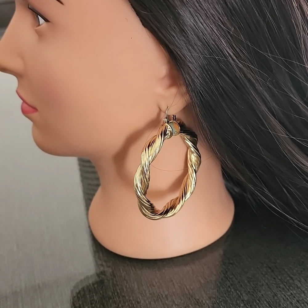 GOLD HOOP Earrings Twisted Chunky Thick Y2K Statement Hip Hop Hoops - Picture 10 of 16